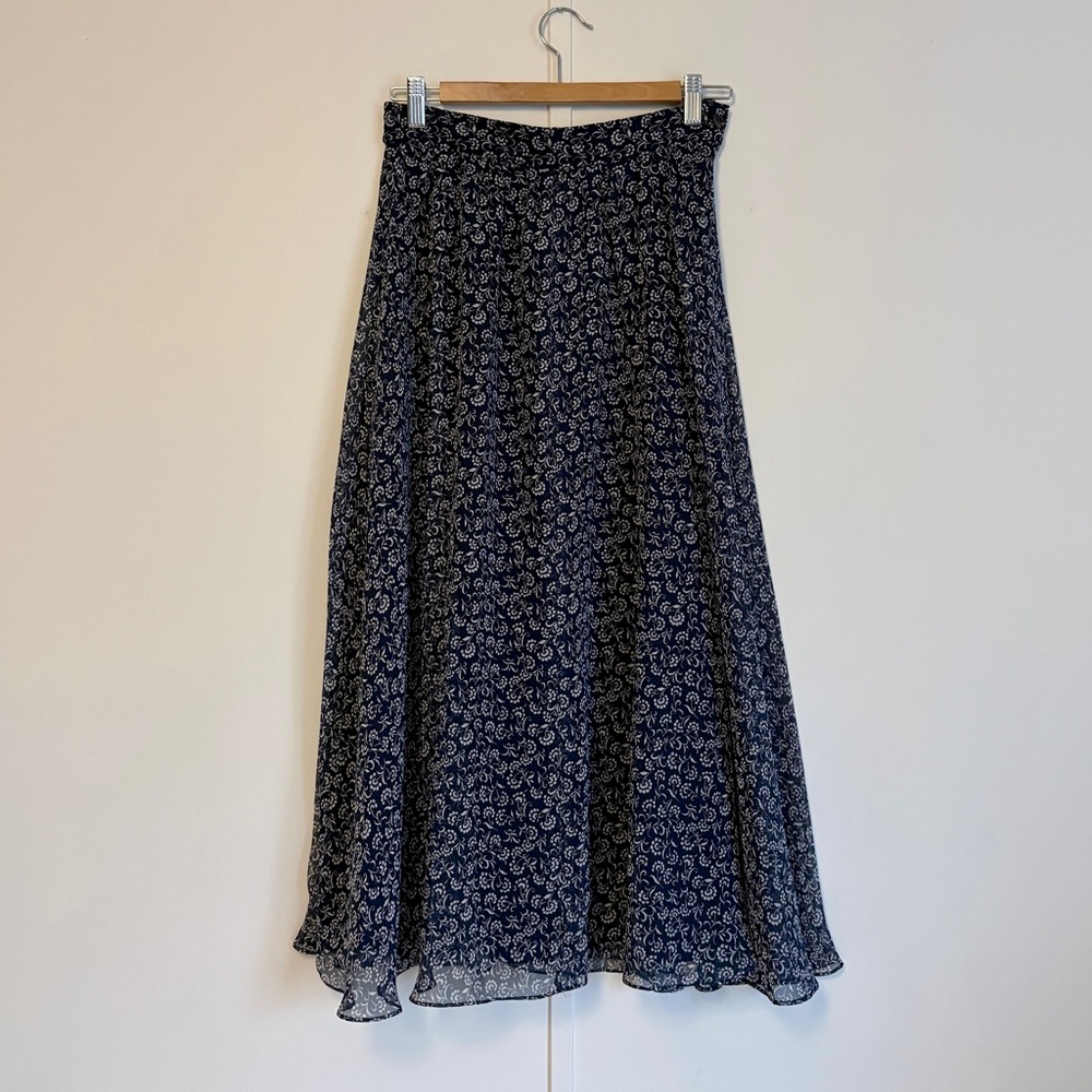 Navy and White Floral Patterned Vintage Chiffon Skirt